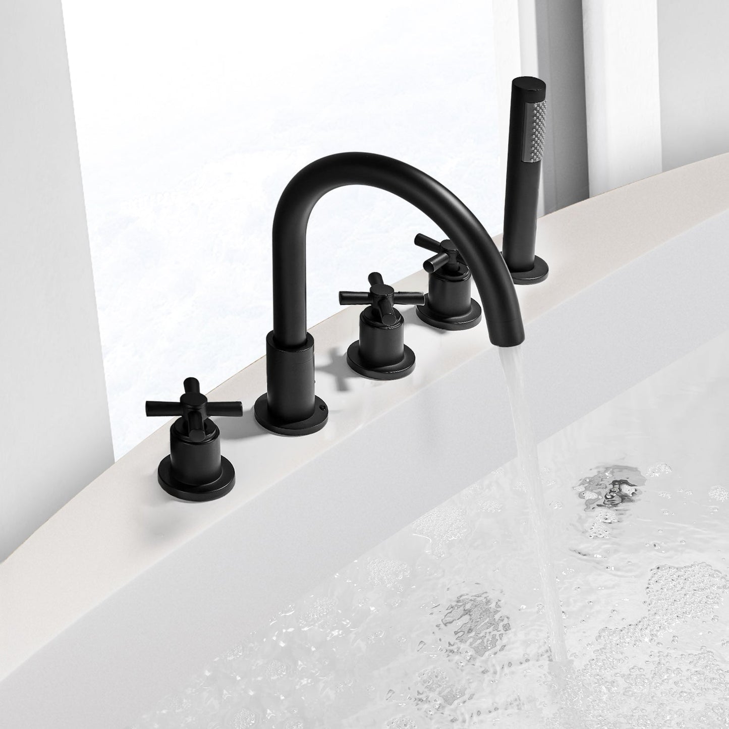 Sorlia Cross Handles Deck-Mount Roman Tub Faucet in Matte Black with Handheld shower