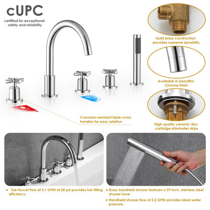 Sorlia Cross Handles Deck-Mount Roman Tub Faucet in Polished Chrome with Handshower