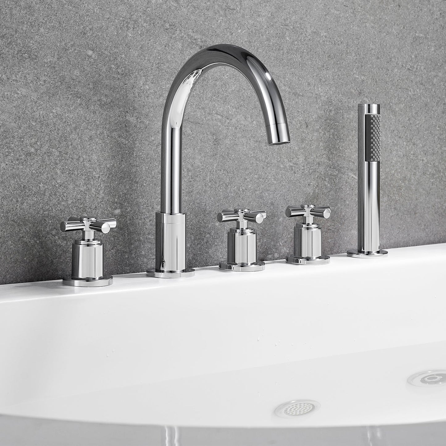 Sorlia Cross Handles Deck-Mount Roman Tub Faucet in Polished Chrome with Handshower