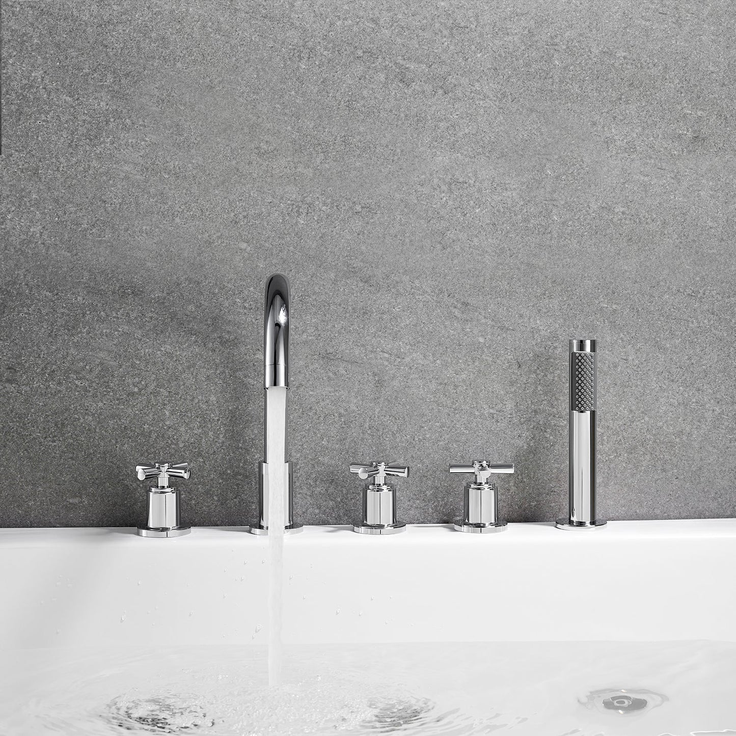 Sorlia Cross Handles Deck-Mount Roman Tub Faucet in Polished Chrome with Handshower