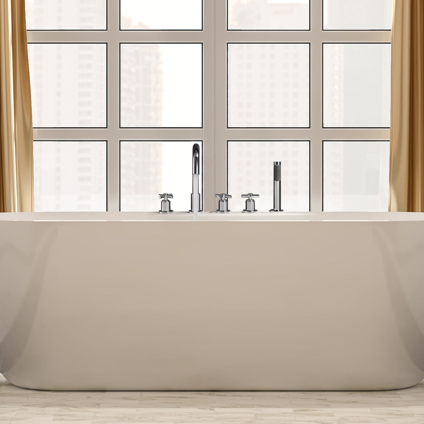 Sorlia Cross Handles Deck-Mount Roman Tub Faucet in Polished Chrome with Handshower