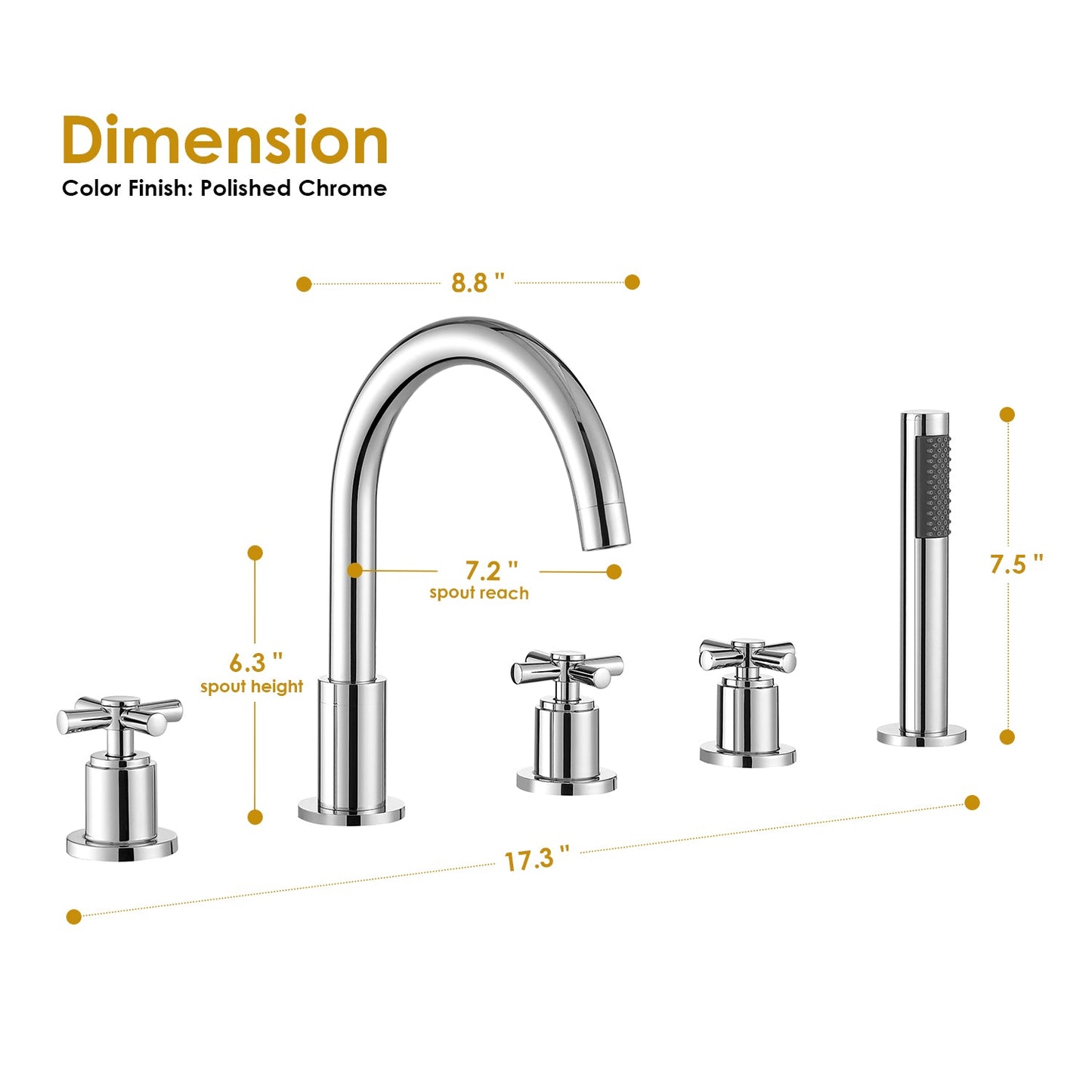 Sorlia Cross Handles Deck-Mount Roman Tub Faucet in Polished Chrome with Handshower