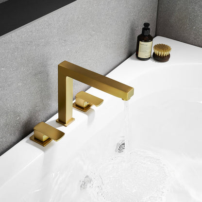 Calden Double Handle Deck-Mount 8" Widespread Roman Tub Faucet in Brushed Gold