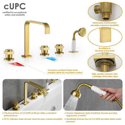 Vikran Triple Handle Deck-Mount Roman Tub Faucet Trim in Brushed Gold with Handshower
