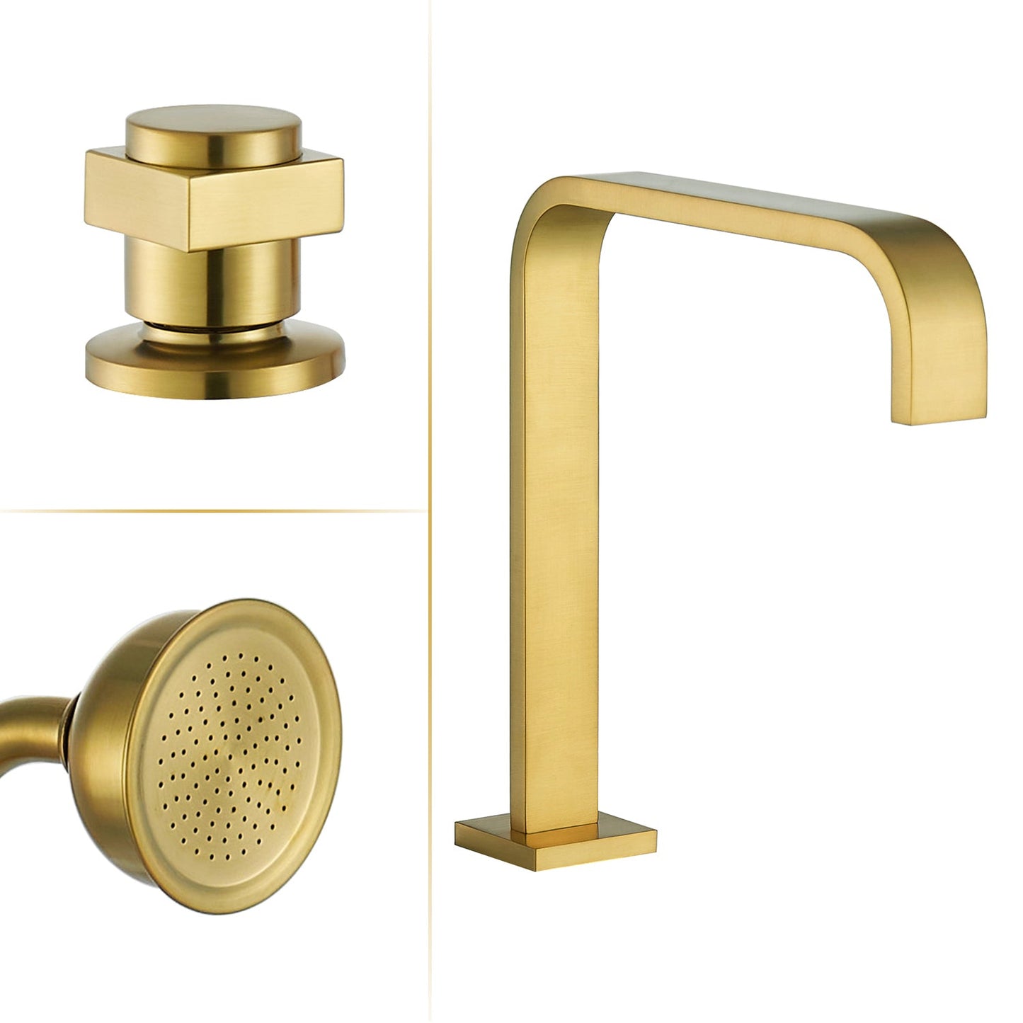 Vikran Triple Handle Deck-Mount Roman Tub Faucet Trim in Brushed Gold with Handshower