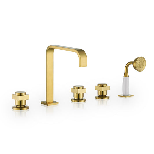 Vikran Triple Handle Deck-Mount Roman Tub Faucet Trim in Brushed Gold with Handshower
