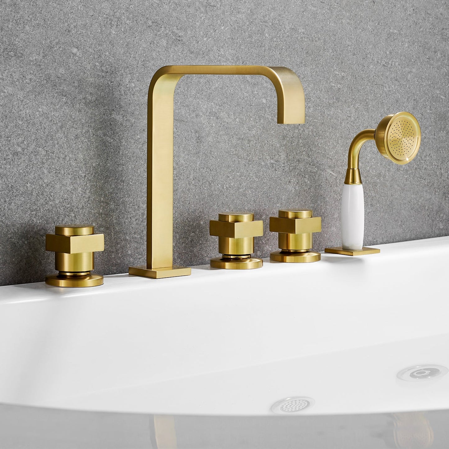 Vikran Triple Handle Deck-Mount Roman Tub Faucet Trim in Brushed Gold with Handshower