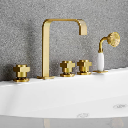 Vikran Triple Handle Deck-Mount Roman Tub Faucet Trim in Brushed Gold with Handshower