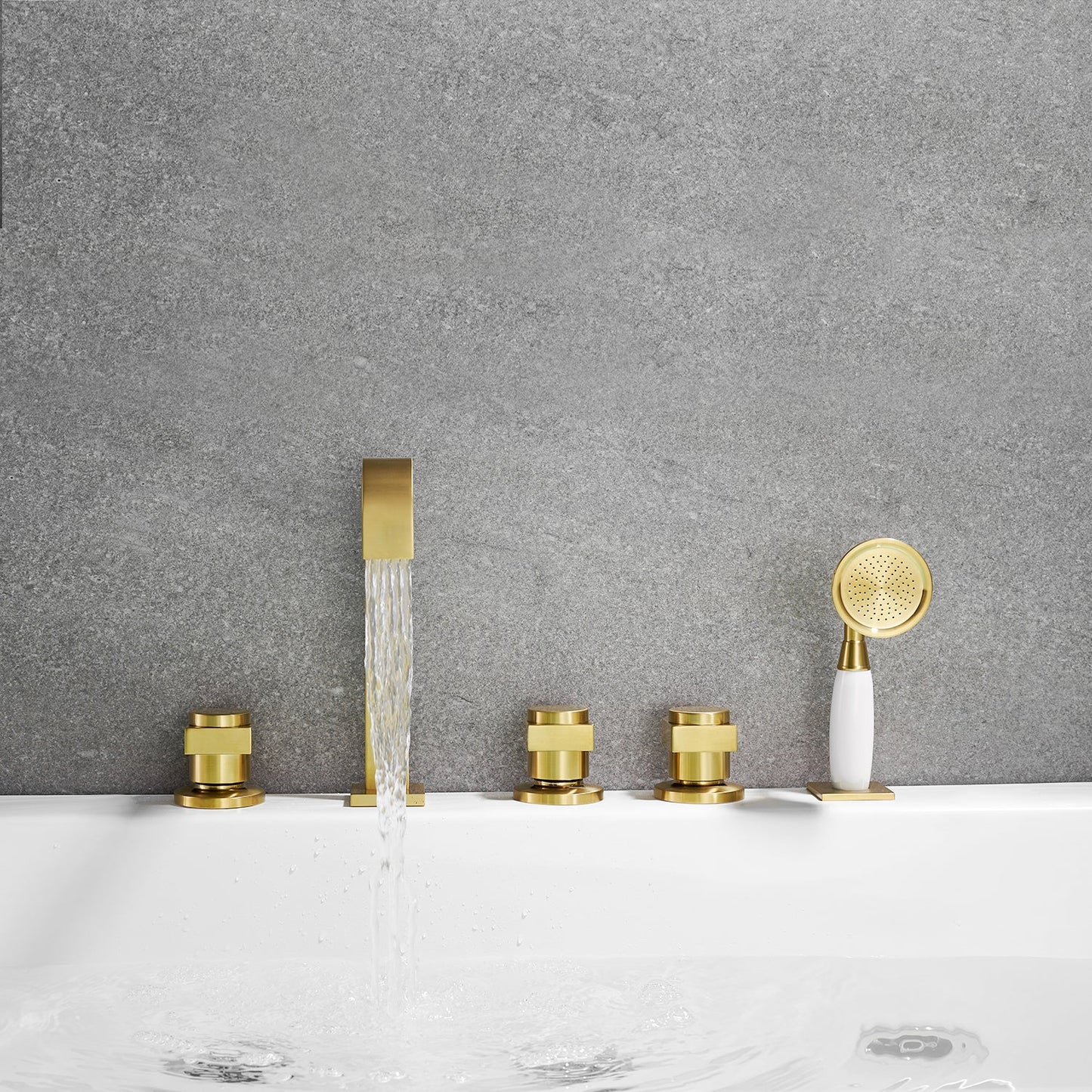 Vikran Triple Handle Deck-Mount Roman Tub Faucet Trim in Brushed Gold with Handshower