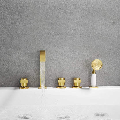 Vikran Triple Handle Deck-Mount Roman Tub Faucet Trim in Brushed Gold with Handshower