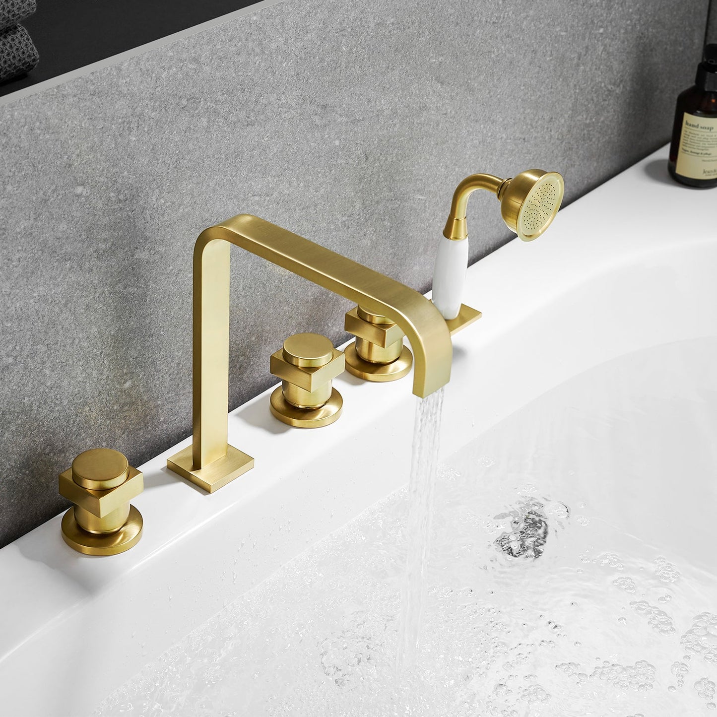 Vikran Triple Handle Deck-Mount Roman Tub Faucet Trim in Brushed Gold with Handshower