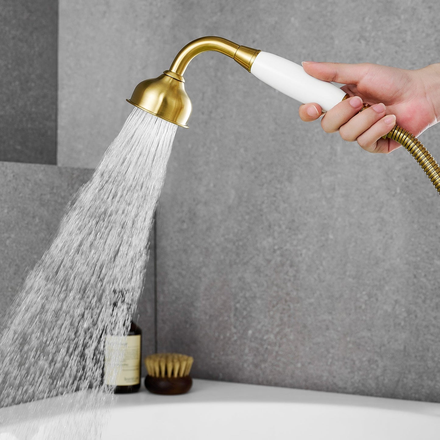 Vikran Triple Handle Deck-Mount Roman Tub Faucet Trim in Brushed Gold with Handshower