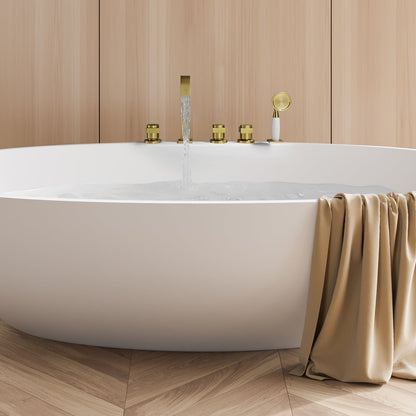 Vikran Triple Handle Deck-Mount Roman Tub Faucet Trim in Brushed Gold with Handshower
