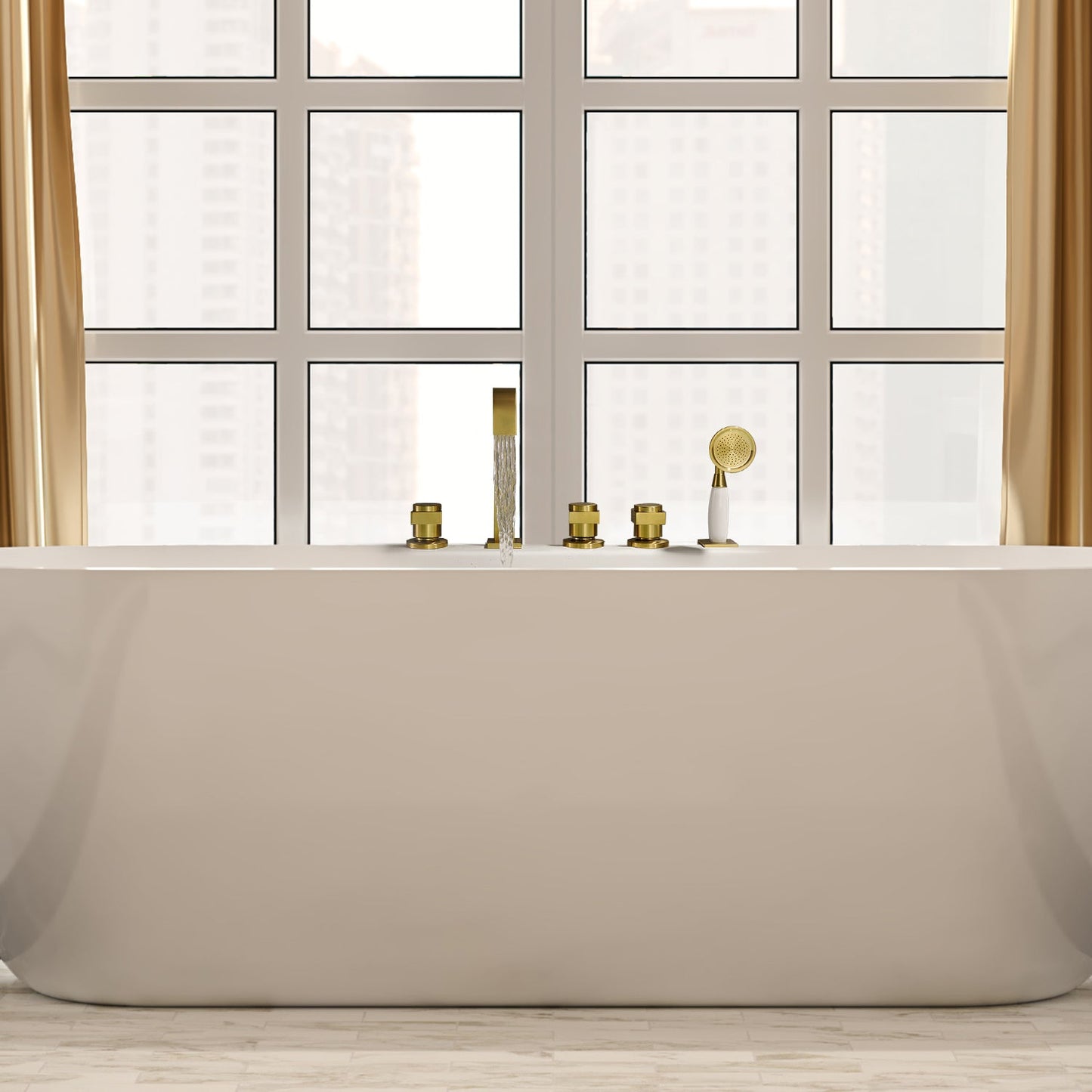 Vikran Triple Handle Deck-Mount Roman Tub Faucet Trim in Brushed Gold with Handshower
