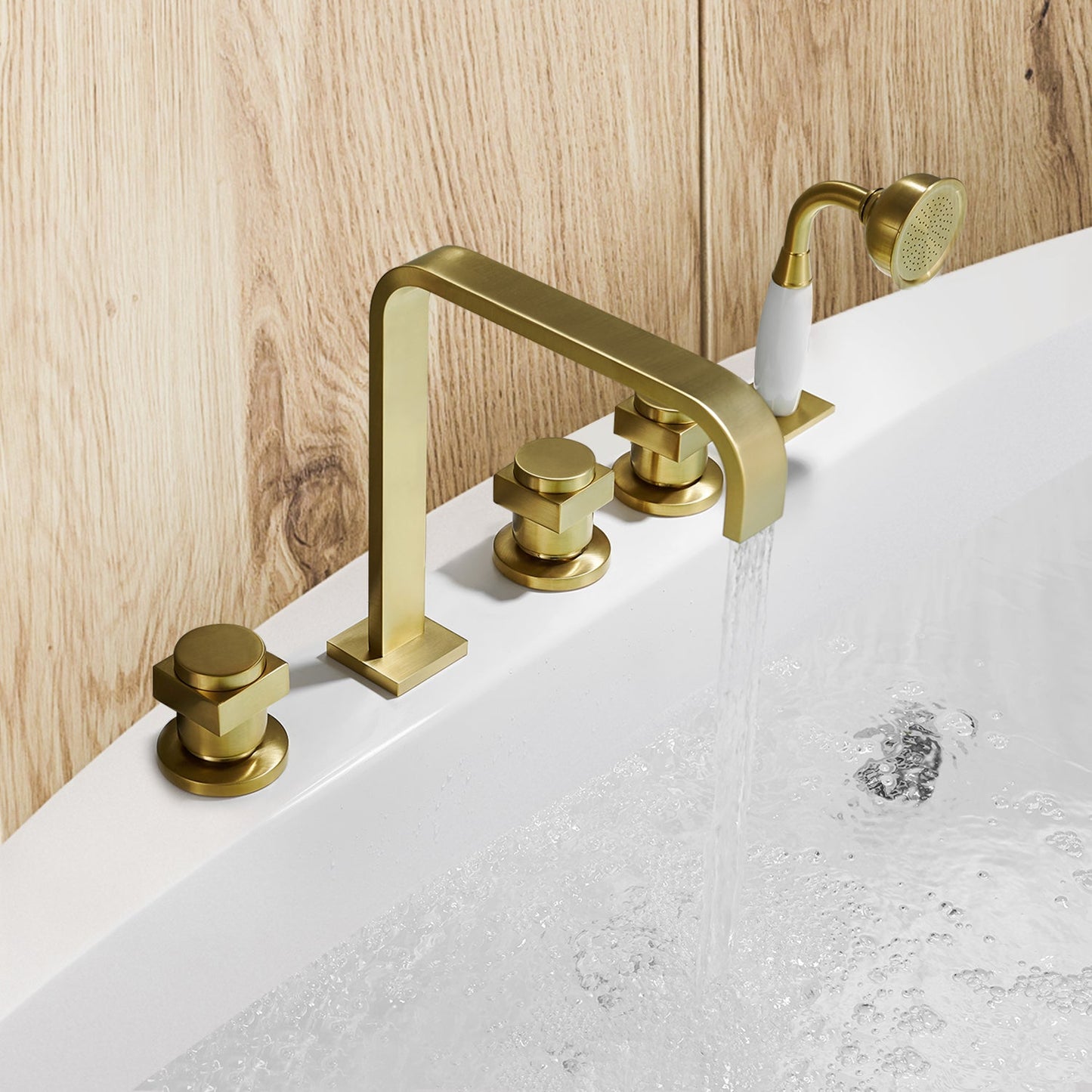 Vikran Triple Handle Deck-Mount Roman Tub Faucet Trim in Brushed Gold with Handshower