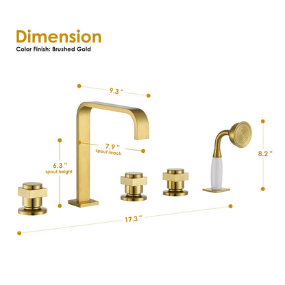 Vikran Triple Handle Deck-Mount Roman Tub Faucet Trim in Brushed Gold with Handshower