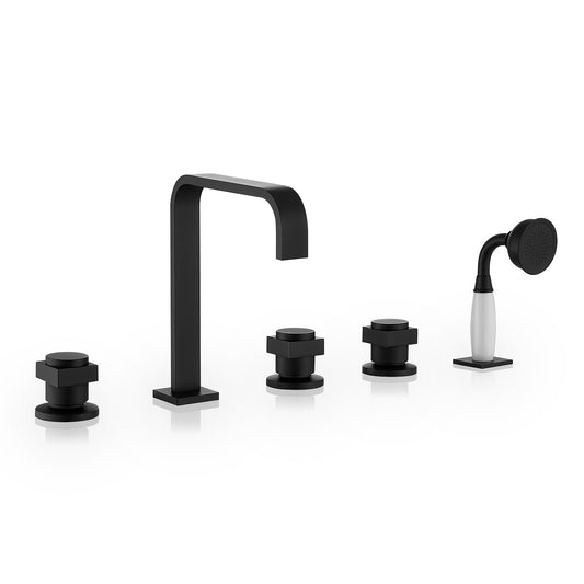Vikran Triple Handle Deck-Mount Roman Tub Faucet Trim in Matte Black with Handshower