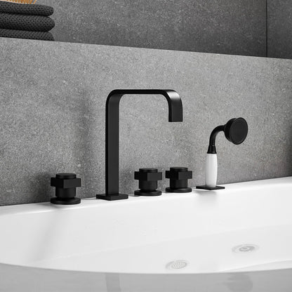 Vikran Triple Handle Deck-Mount Roman Tub Faucet Trim in Matte Black with Handshower