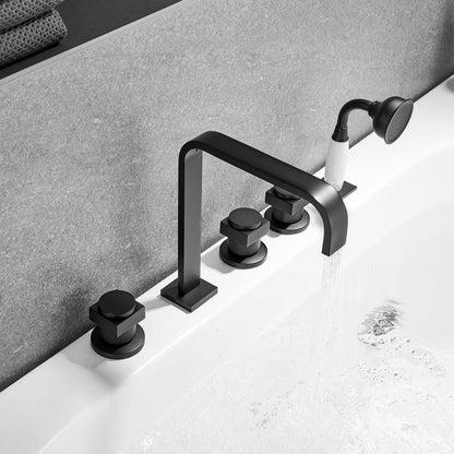 Vikran Triple Handle Deck-Mount Roman Tub Faucet Trim in Matte Black with Handshower