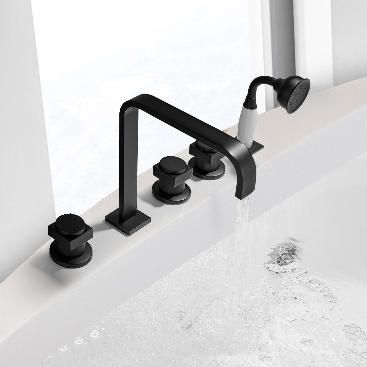 Vikran Triple Handle Deck-Mount Roman Tub Faucet Trim in Matte Black with Handshower