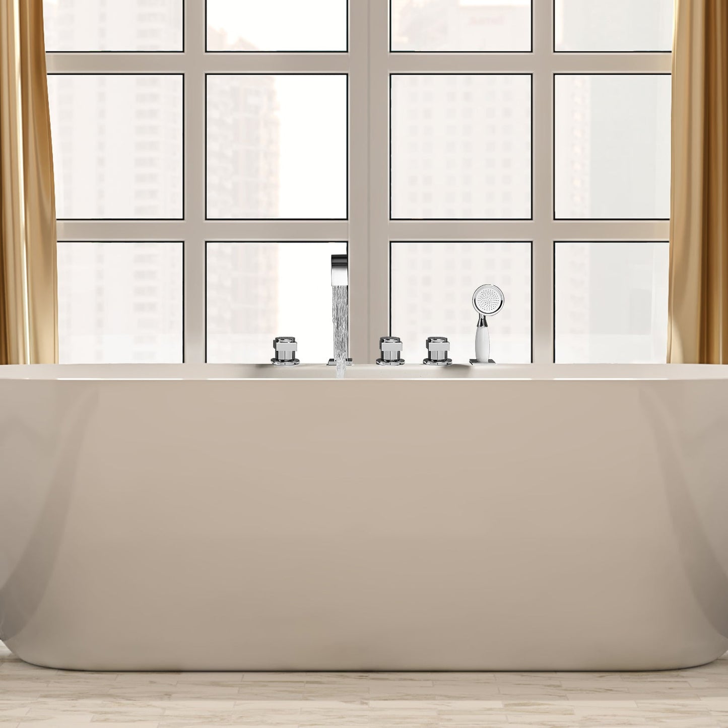 Vikran Triple Handle Deck-Mount Roman Tub Faucet Trim in Polished Chrome with Handshower