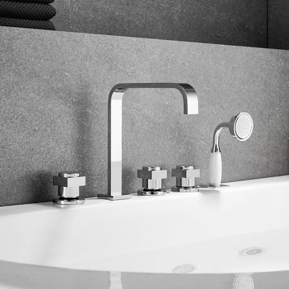 Vikran Triple Handle Deck-Mount Roman Tub Faucet Trim in Polished Chrome with Handshower