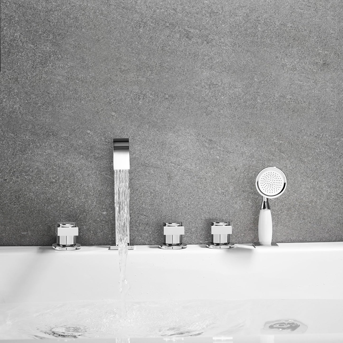 Vikran Triple Handle Deck-Mount Roman Tub Faucet Trim in Polished Chrome with Handshower