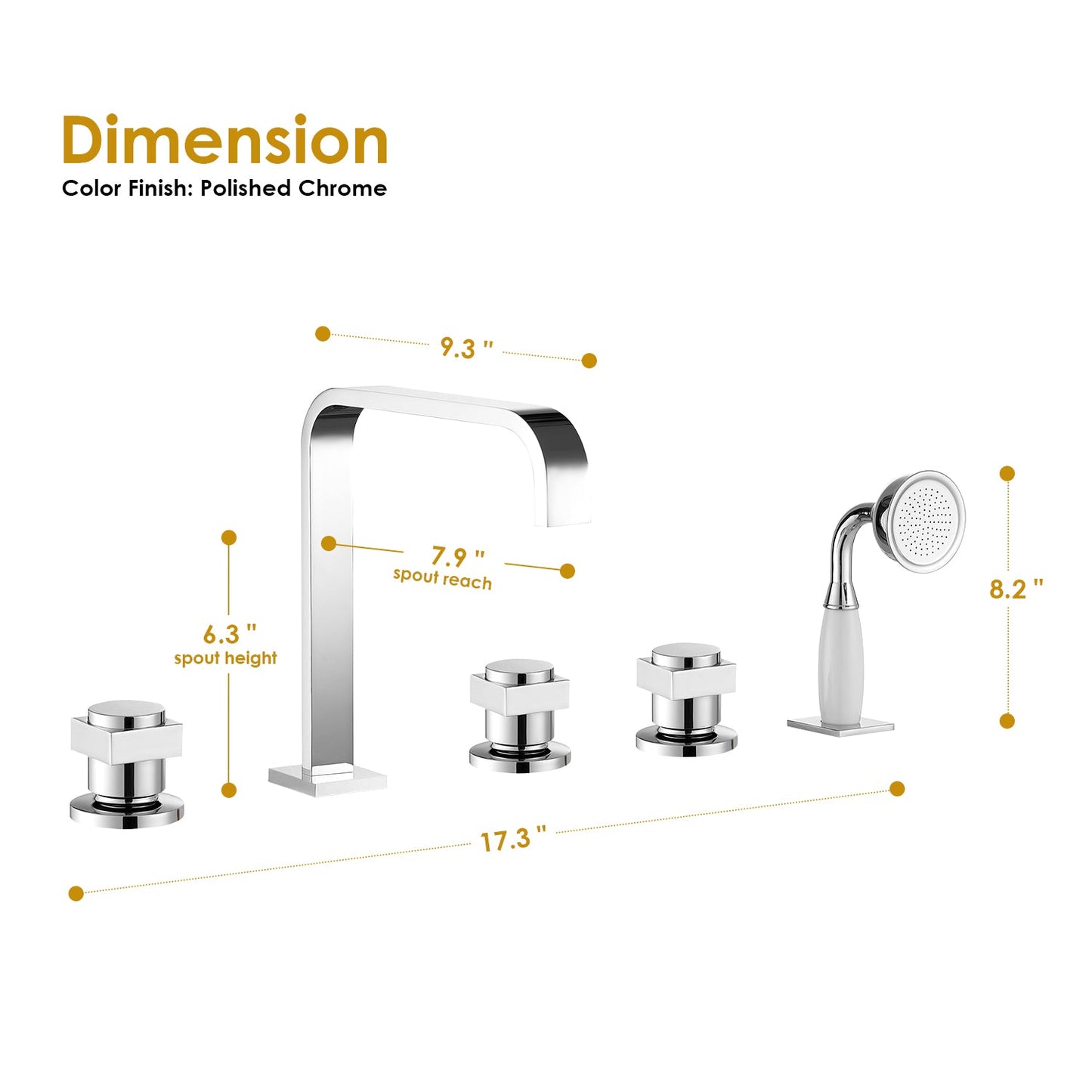 Vikran Triple Handle Deck-Mount Roman Tub Faucet Trim in Polished Chrome with Handshower