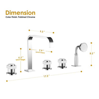 Vikran Triple Handle Deck-Mount Roman Tub Faucet Trim in Polished Chrome with Handshower