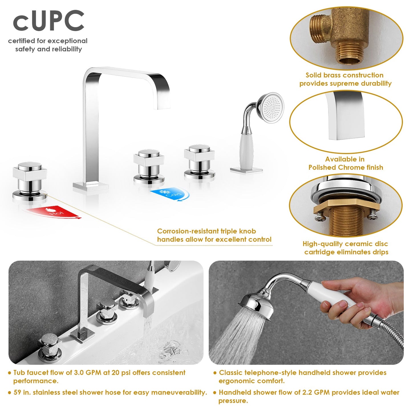 Vikran Triple Handle Deck-Mount Roman Tub Faucet Trim in Polished Chrome with Handshower