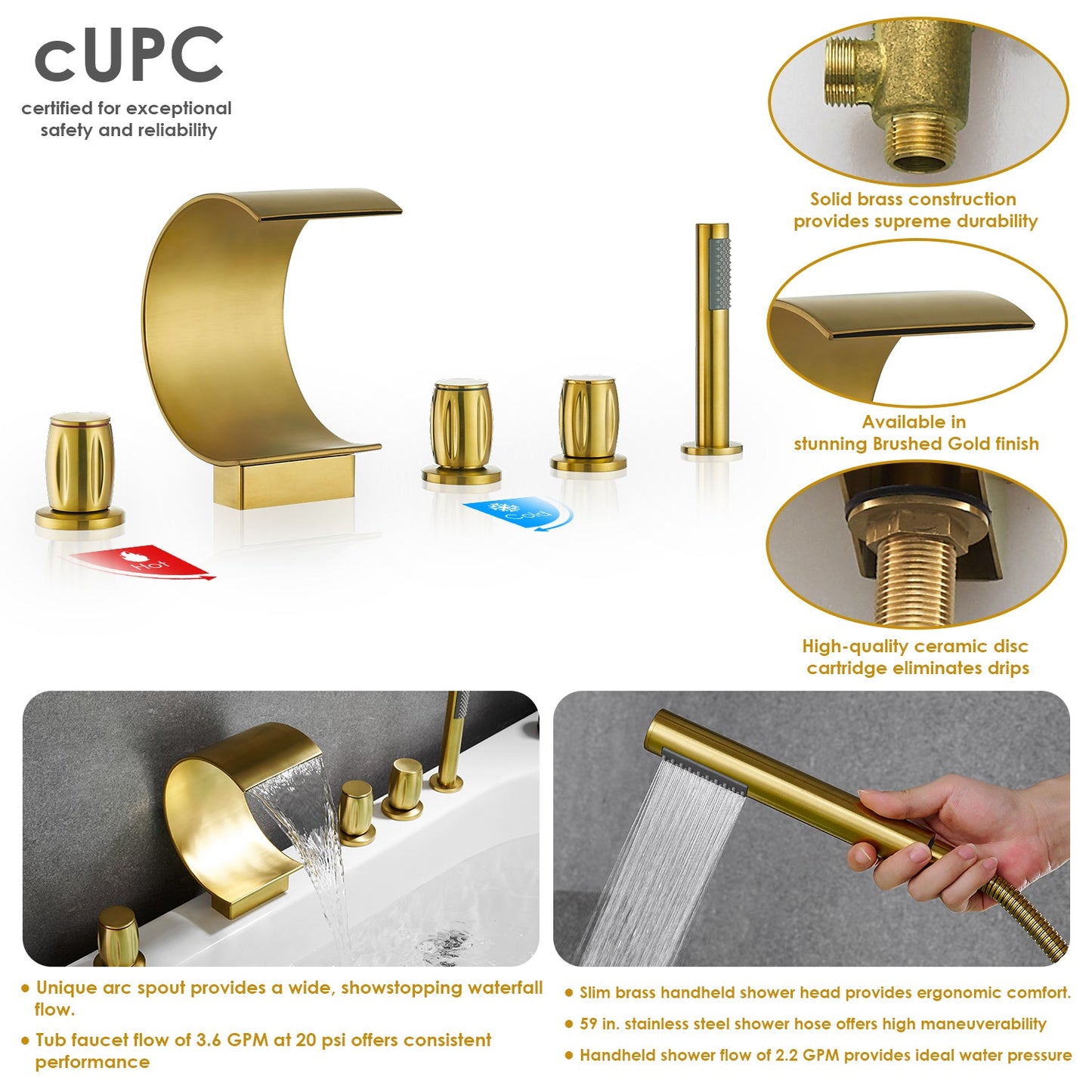 Recea Triple Handle Deck-Mount Roman Tub Faucet in Brushed Gold with Diverter and Handshower