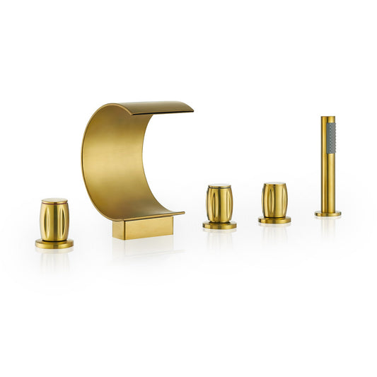 Recea Triple Handle Deck-Mount Roman Tub Faucet in Brushed Gold with Diverter and Handshower
