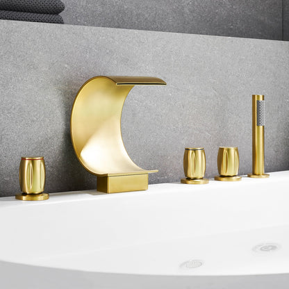 Recea Triple Handle Deck-Mount Roman Tub Faucet in Brushed Gold with Diverter and Handshower
