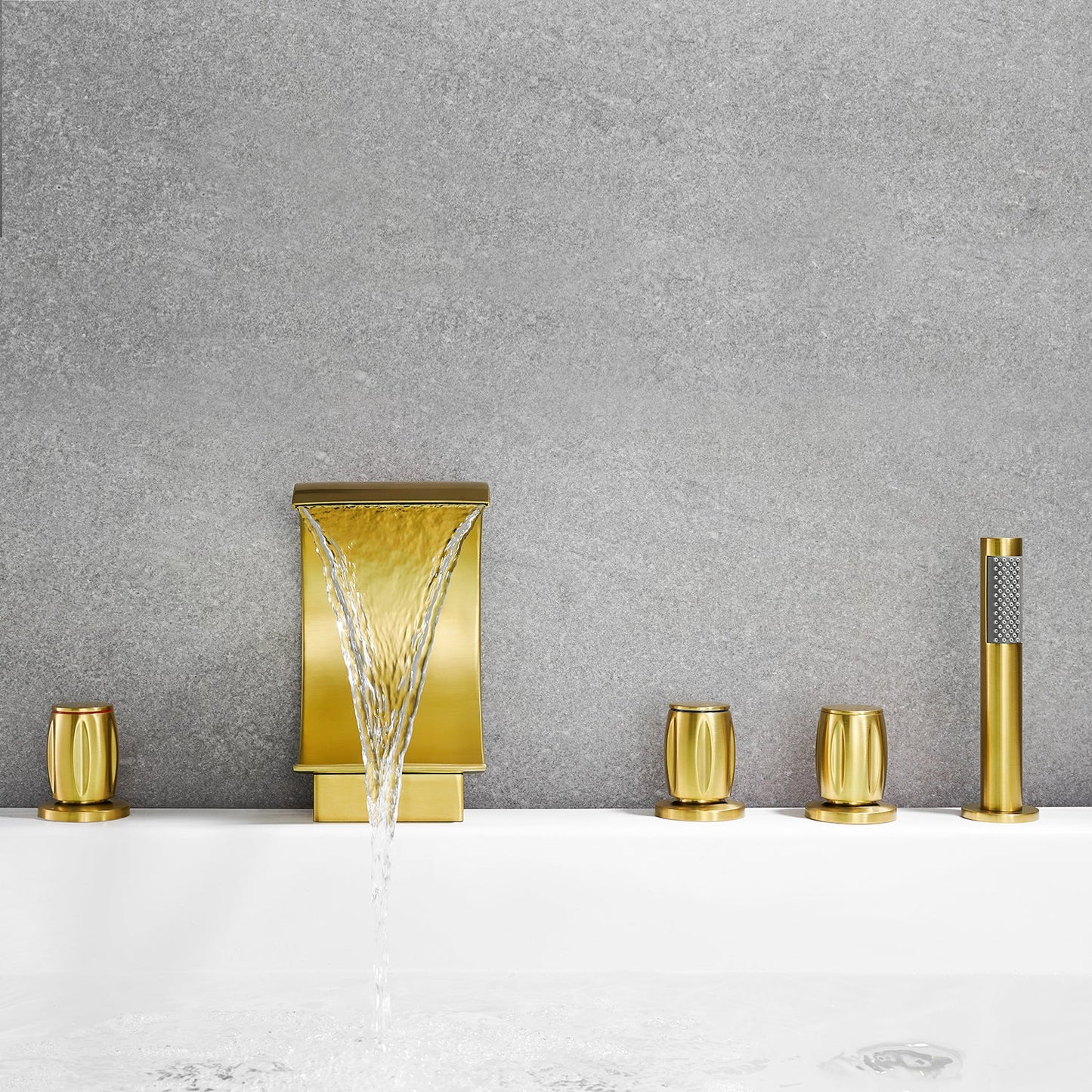 Recea Triple Handle Deck-Mount Roman Tub Faucet in Brushed Gold with Diverter and Handshower