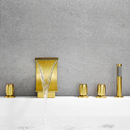 Recea Triple Handle Deck-Mount Roman Tub Faucet in Brushed Gold with Diverter and Handshower