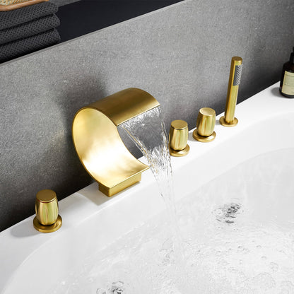 Recea Triple Handle Deck-Mount Roman Tub Faucet in Brushed Gold with Diverter and Handshower