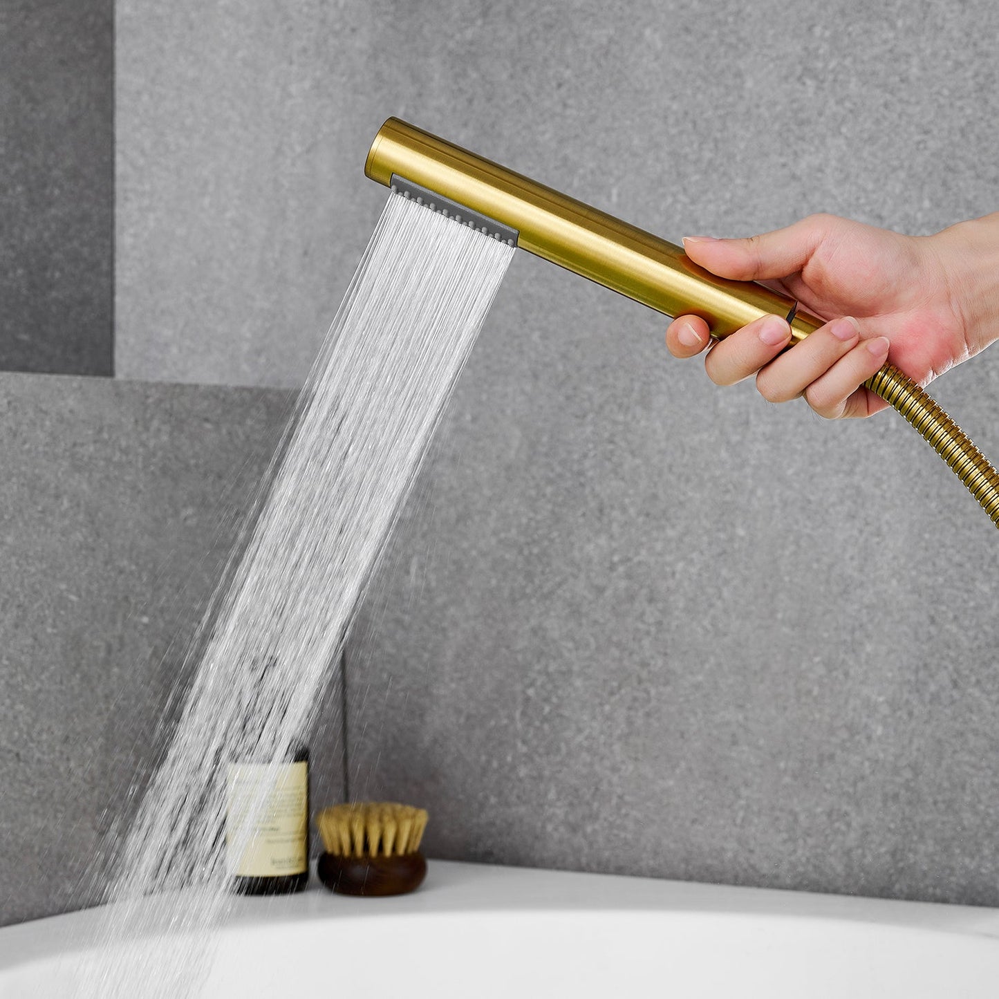 Recea Triple Handle Deck-Mount Roman Tub Faucet in Brushed Gold with Diverter and Handshower