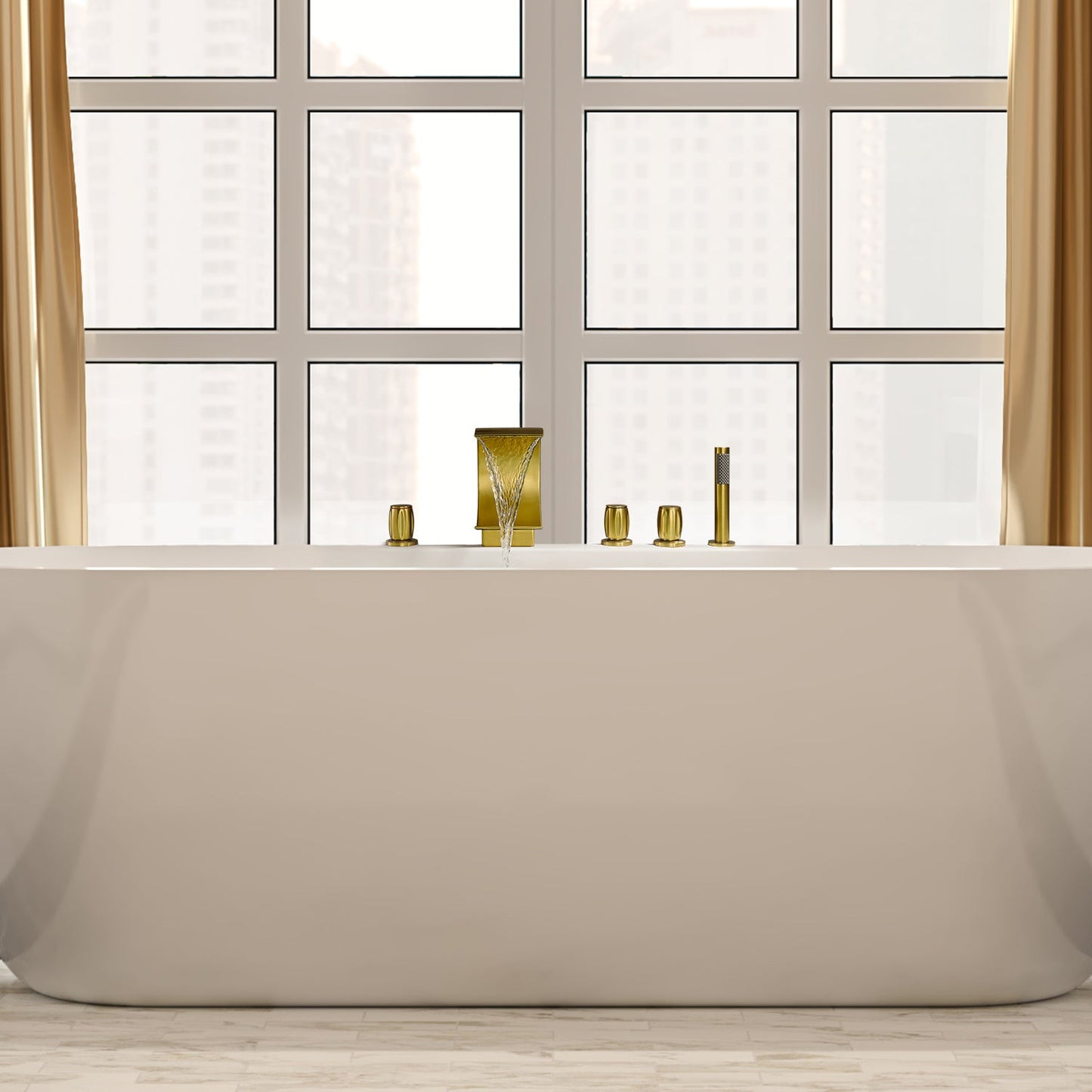 Recea Triple Handle Deck-Mount Roman Tub Faucet in Brushed Gold with Diverter and Handshower