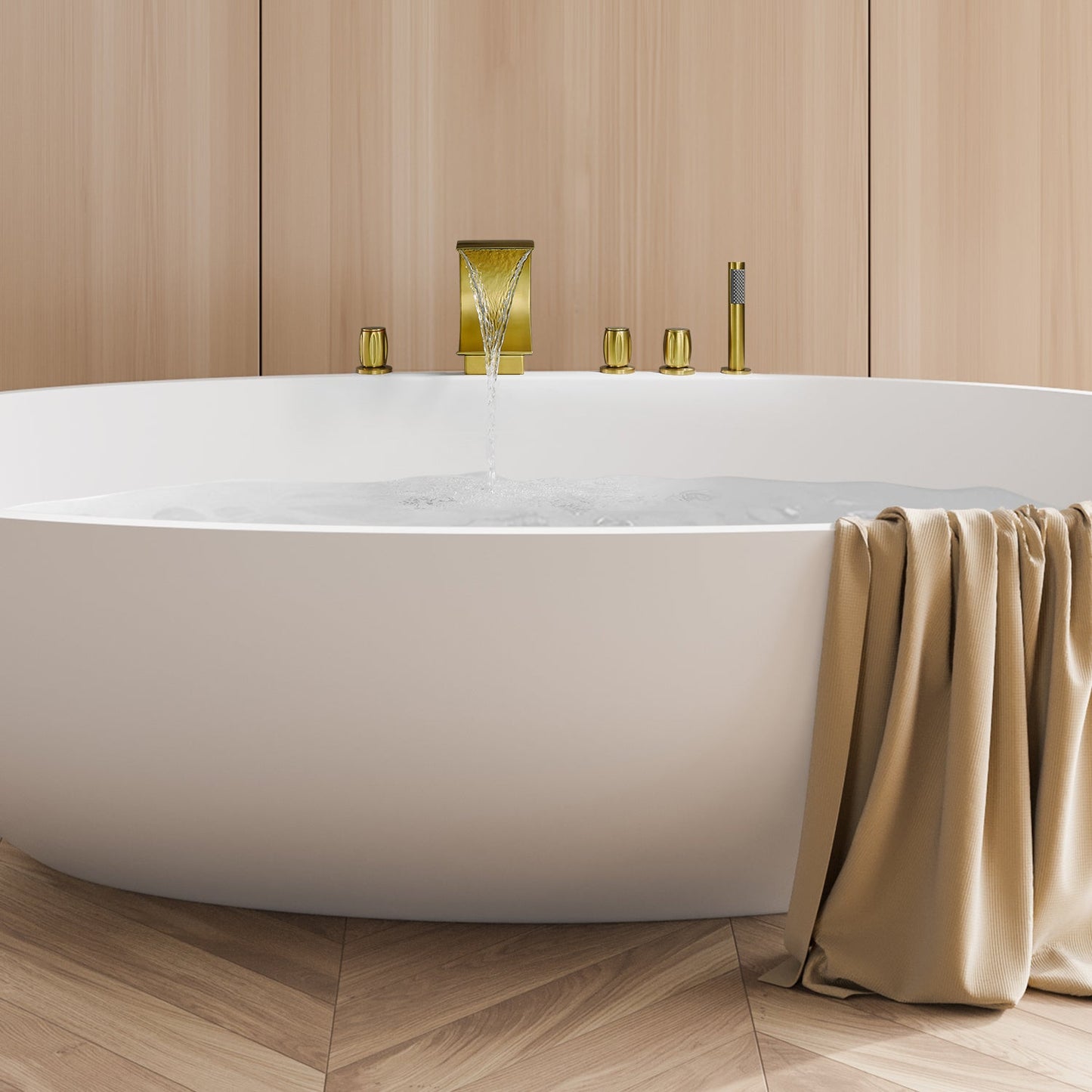Recea Triple Handle Deck-Mount Roman Tub Faucet in Brushed Gold with Diverter and Handshower