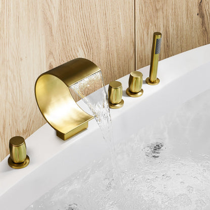 Recea Triple Handle Deck-Mount Roman Tub Faucet in Brushed Gold with Diverter and Handshower