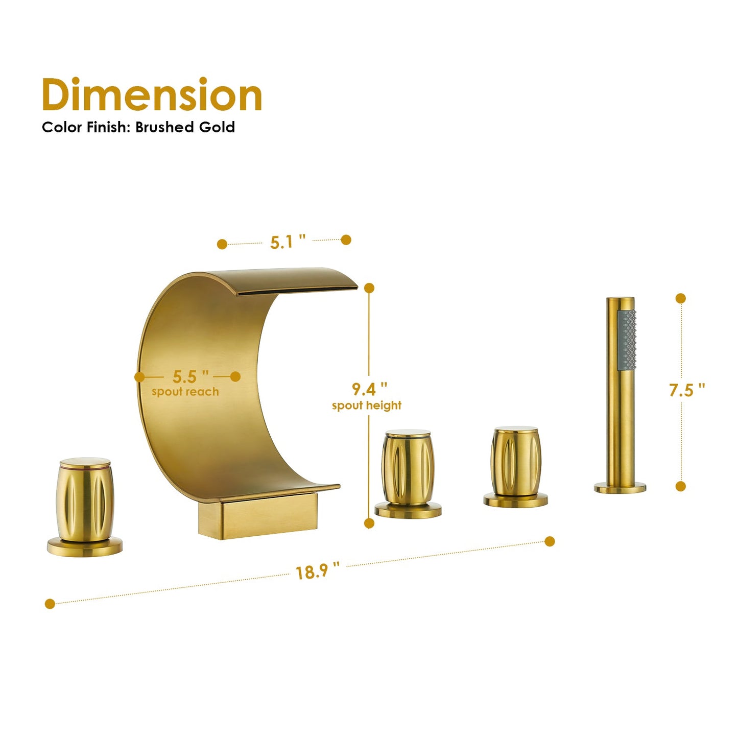 Recea Triple Handle Deck-Mount Roman Tub Faucet in Brushed Gold with Diverter and Handshower