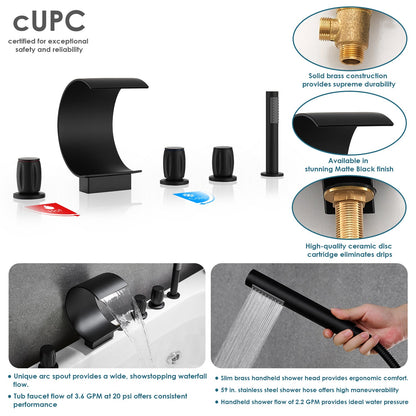 Recea Triple Handle Deck-Mount Roman Tub Faucet in Matte Black with Diverter and Handshower