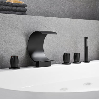 Recea Triple Handle Deck-Mount Roman Tub Faucet in Matte Black with Diverter and Handshower