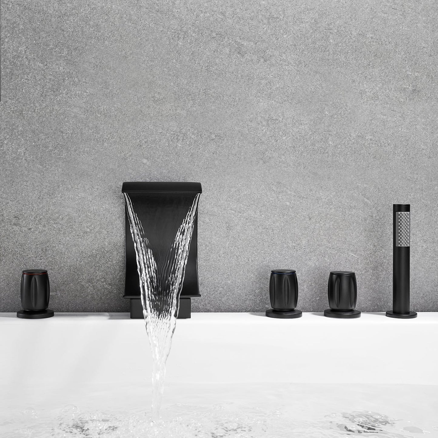 Recea Triple Handle Deck-Mount Roman Tub Faucet in Matte Black with Diverter and Handshower