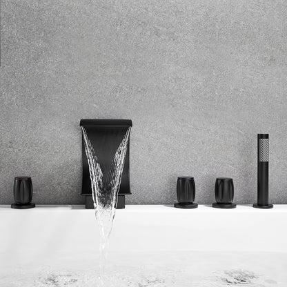 Recea Triple Handle Deck-Mount Roman Tub Faucet in Matte Black with Diverter and Handshower