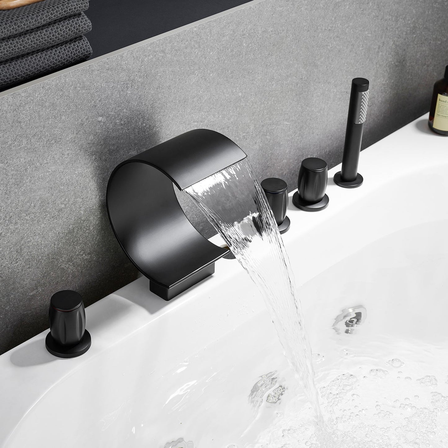 Recea Triple Handle Deck-Mount Roman Tub Faucet in Matte Black with Diverter and Handshower