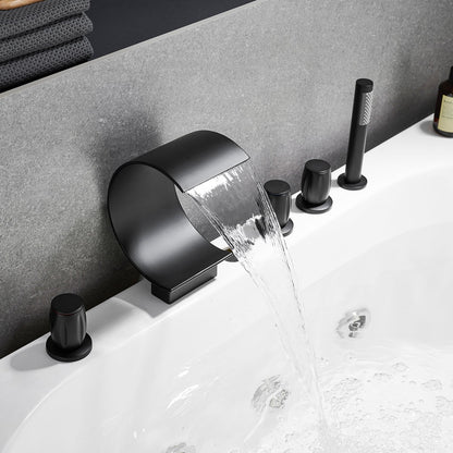 Recea Triple Handle Deck-Mount Roman Tub Faucet in Matte Black with Diverter and Handshower