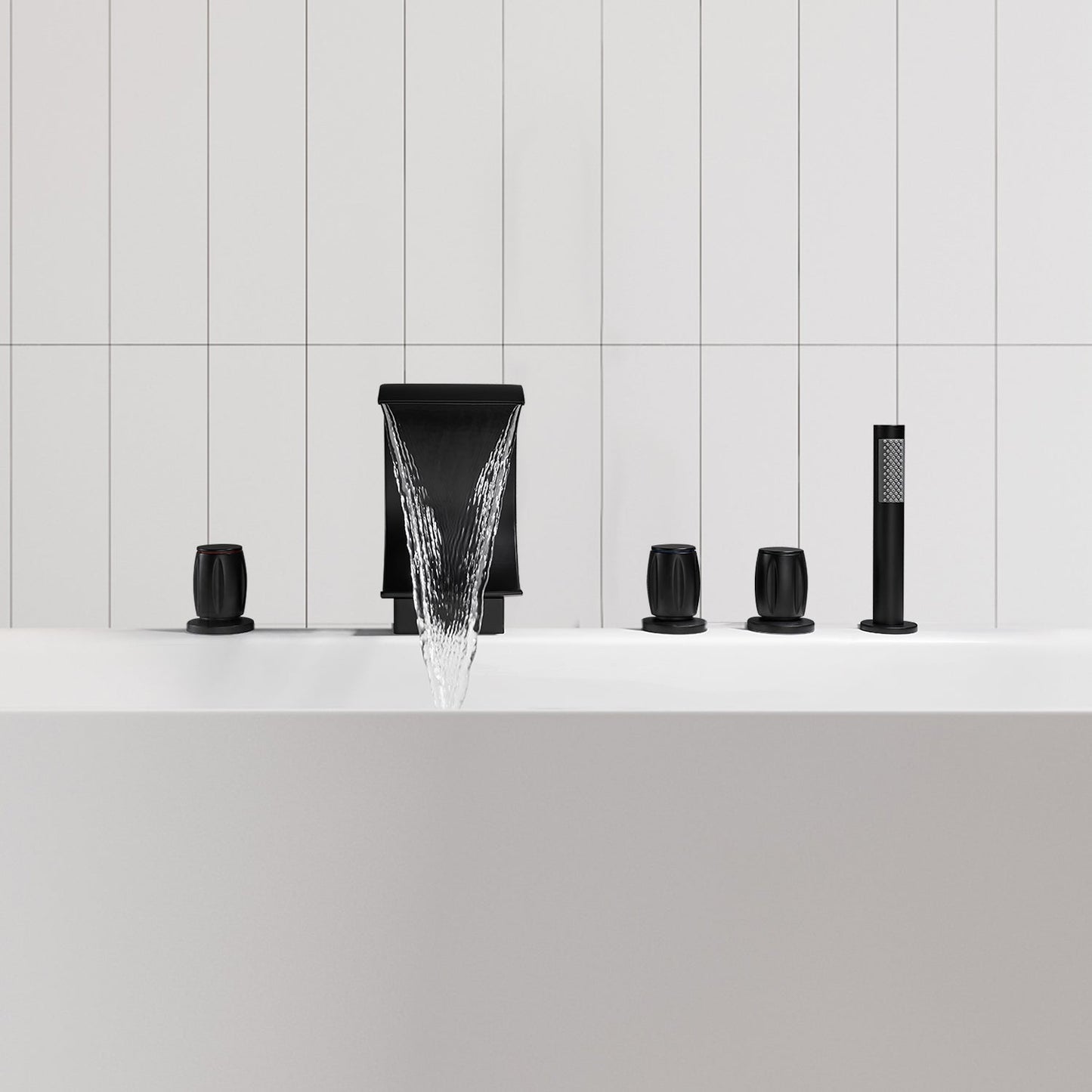 Recea Triple Handle Deck-Mount Roman Tub Faucet in Matte Black with Diverter and Handshower