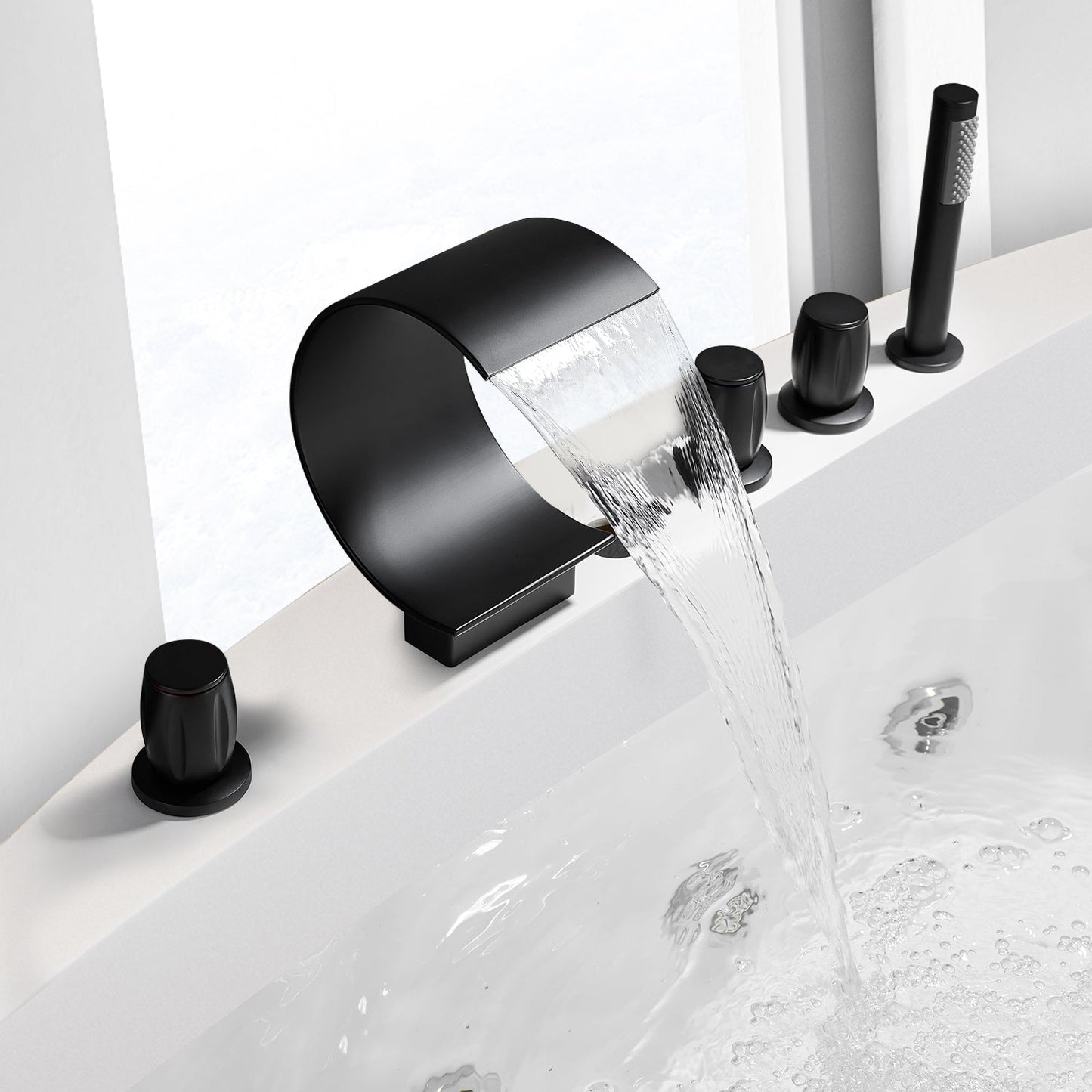 Recea Triple Handle Deck-Mount Roman Tub Faucet in Matte Black with Diverter and Handshower