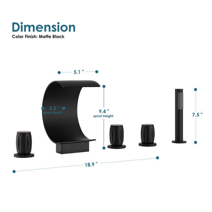 Recea Triple Handle Deck-Mount Roman Tub Faucet in Matte Black with Diverter and Handshower